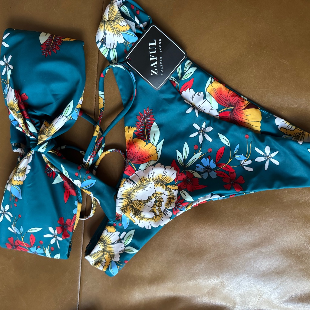 Zaful Teal Floral Tie-Back Bikini Set